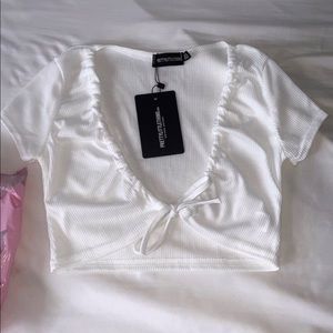 White Rib Drawstring Neck Tie Crop Top